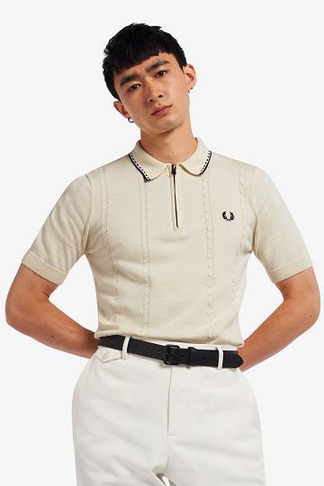 Fred Perry Cable Detail Zip-Neck Neulottu Miesten Paidat Valkoinen | FI 1563DFMN
